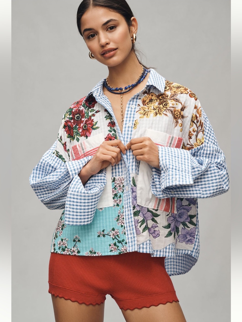 Anthropologie Maeve Long-Sleeve Patchwork Tea Towel Buttondown Shirt Top XS
